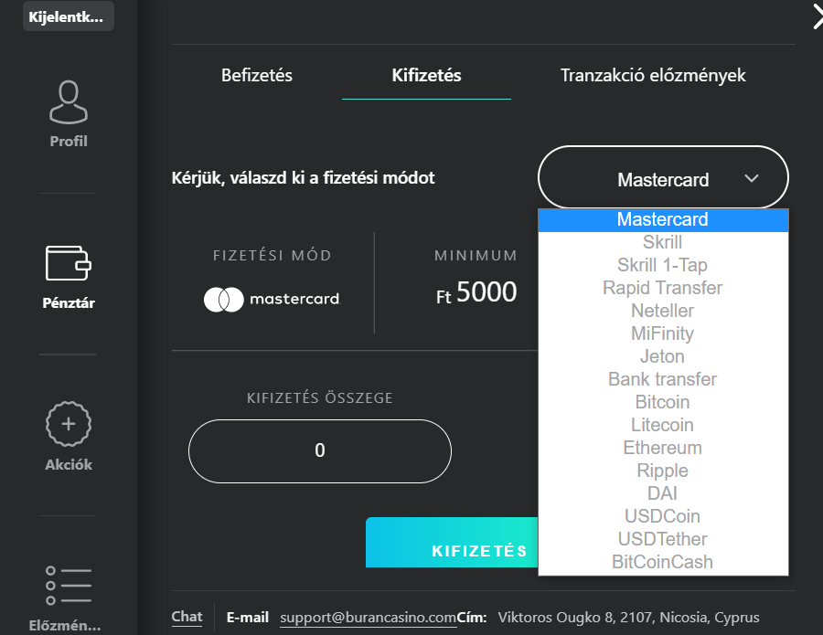 Buran Casino fizetési módok
