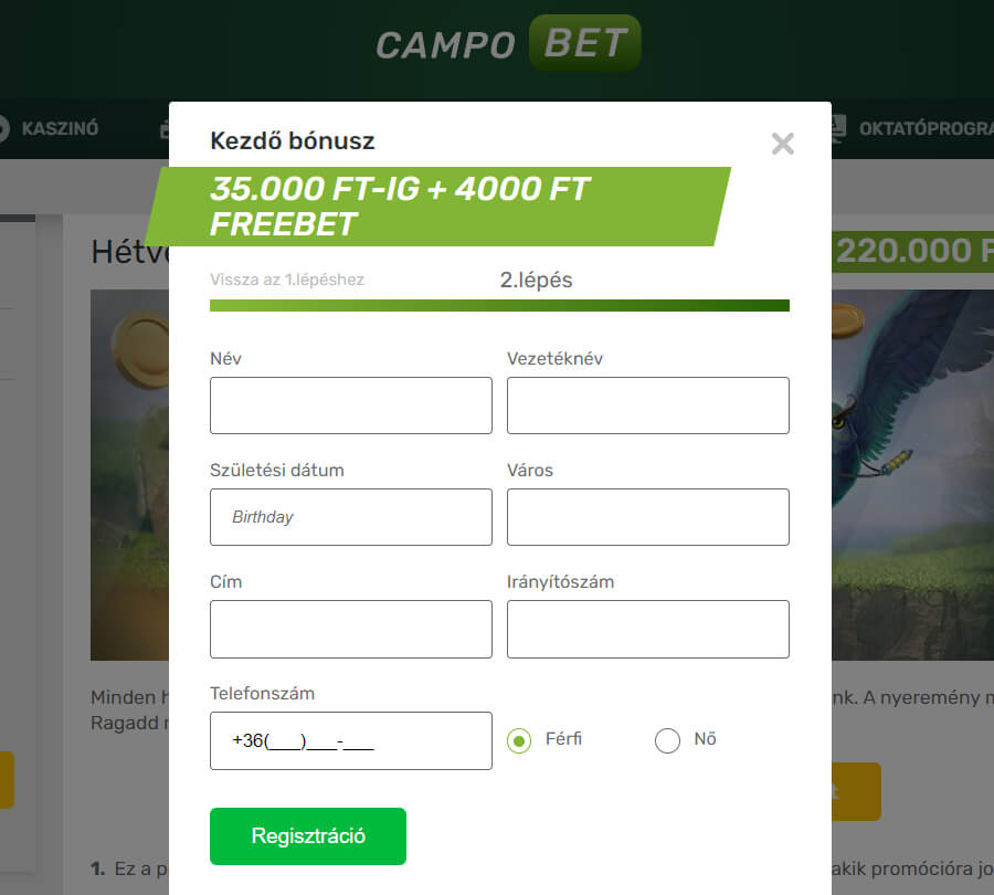 CampoBet regisztráció második lépés