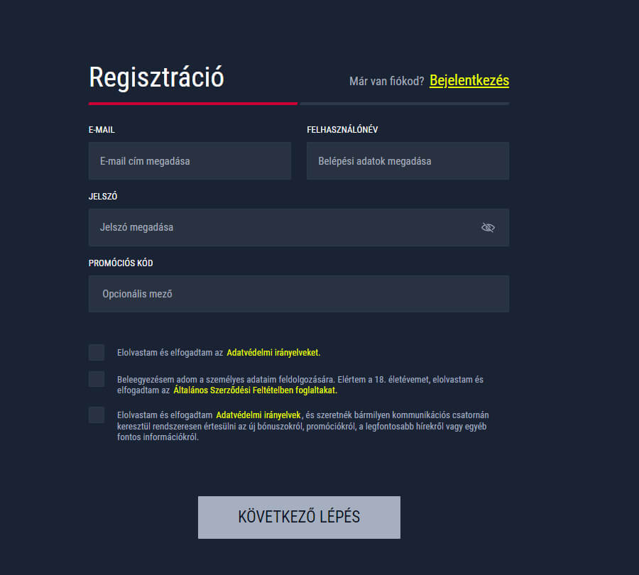 Rabona regisztráció első lépés