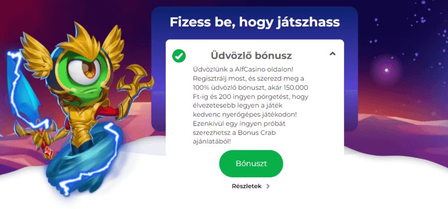 Alf Casino üdvözlő bónusz