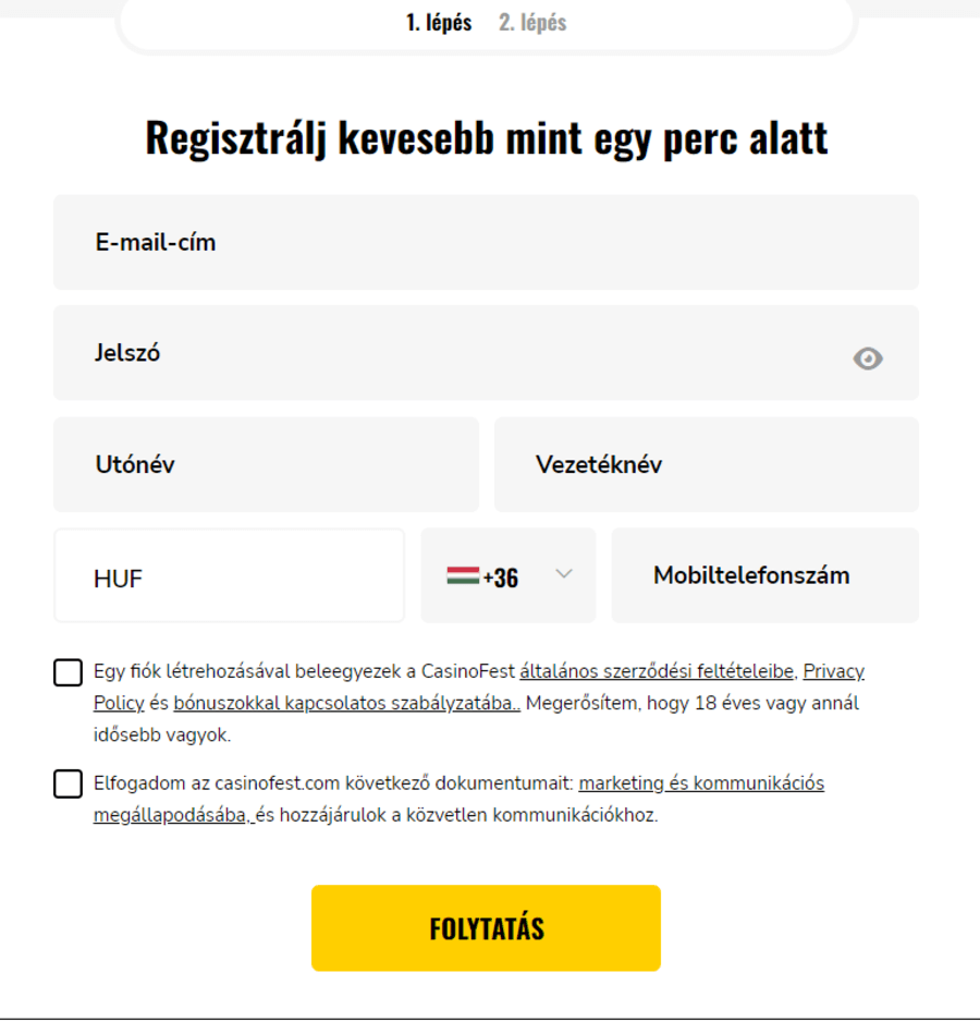 CasinoFest regisztráció első lépés