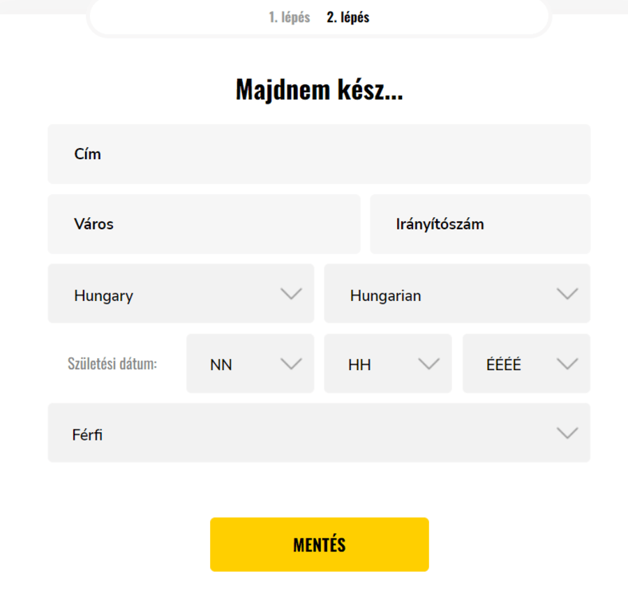 CasinoFest regisztráció második lépés