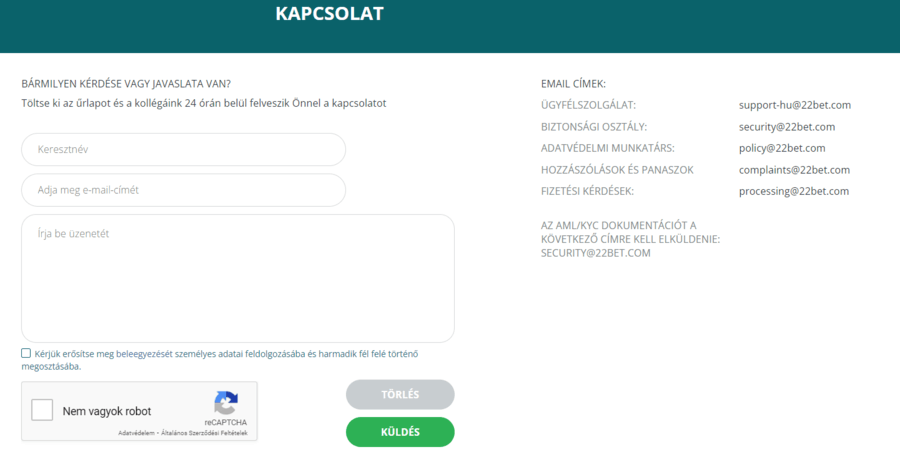 22Bet kapcsolat