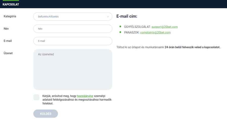 20Bet ügyfélszolgálat