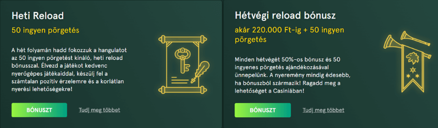 Casinia reload bónuszok