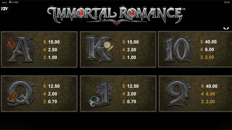 Immortal Romance low paying szimbólumok