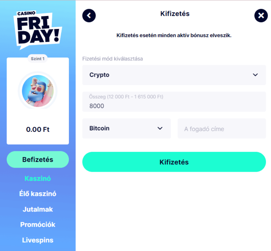 CasinoFriday kripto kifizetés