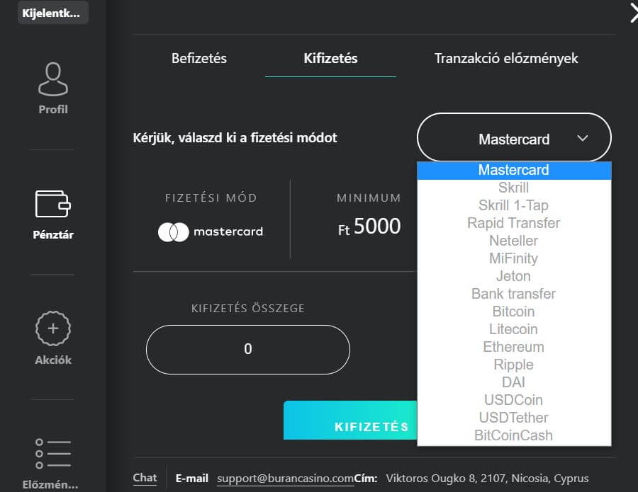 BuranCasino értékelés elérhető fizetési módok