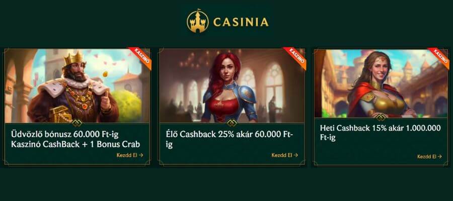 Casinia cashback bónusz ajánlatok