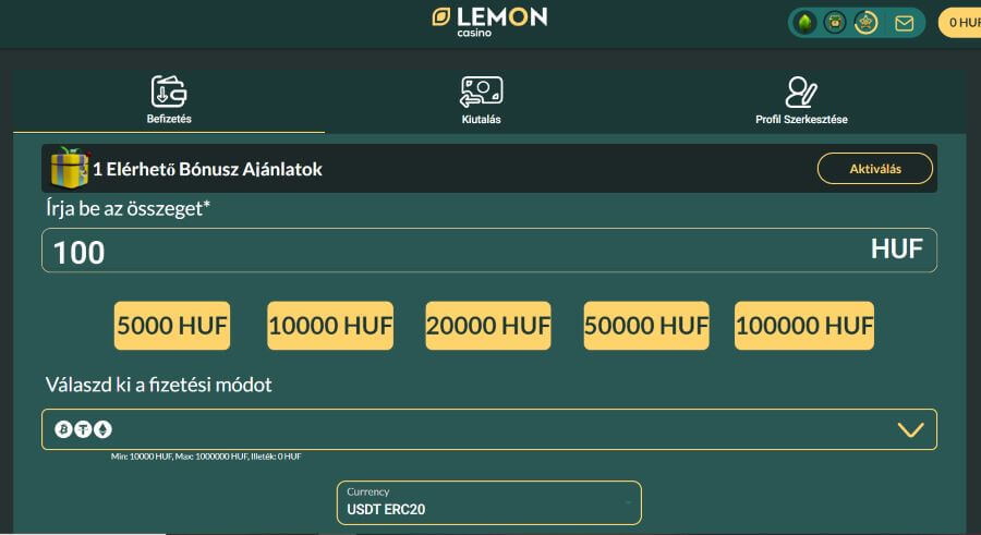 Lemon Casino Tether befizetés