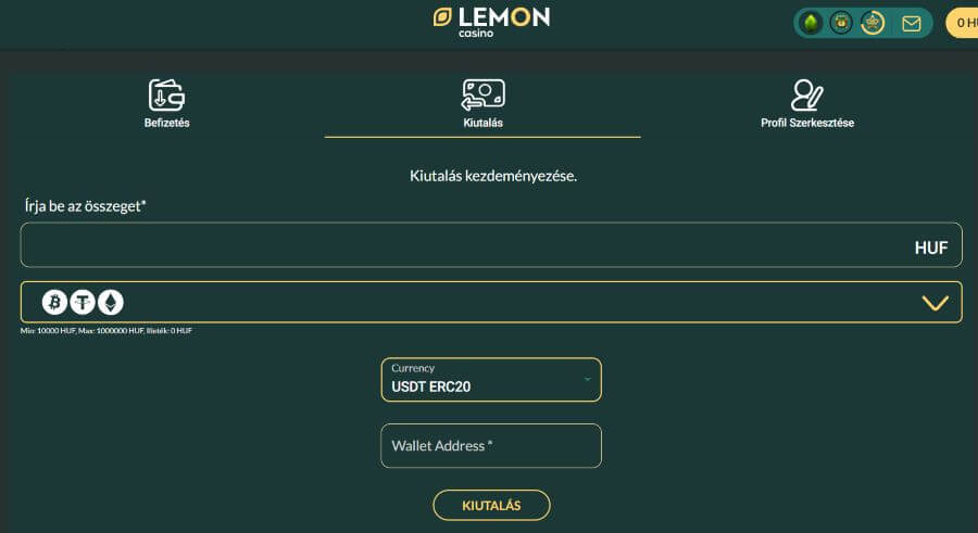 Lemon Casino Tether kifizetés